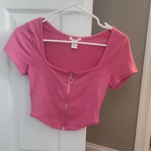 Bozzolo Pink Fitted Crop Top with Short Sleeves